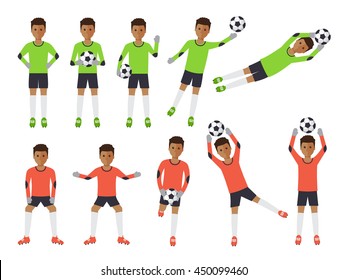 Atletas esportivos de futebol preto, goleiro de futebol africano jogando, chutando, treinando e praticando futebol. Personagens de pessoas de design plano.