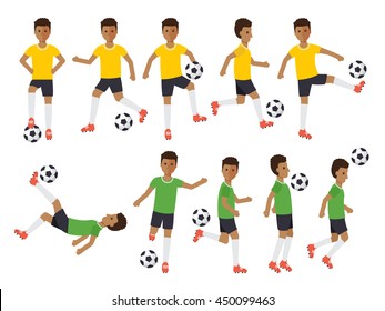 Black soccer sport athletes, African football players playing, kicking, training and practicing football. Flat design people characters.