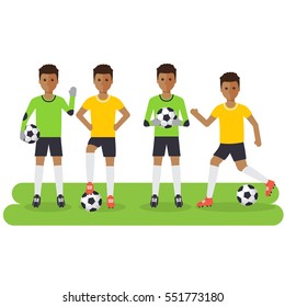 Black soccer sport athletes, football goalkeeper playing, kicking, training and practicing football. Flat design people characters.
