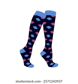 Black socks with blue star patterns Illustration. Ideal for fashion projects, clothing catalogs, digital prints, or playful design themes.