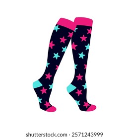 Black socks with pink and teal stars Illustration. Ideal for fashion projects, clothing catalogs, digital prints, or playful design themes.