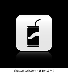 Black Soda can with drinking straw icon isolated on black background. Silver square button. Vector Illustration