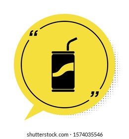 Black Soda can with drinking straw icon isolated on white background. Yellow speech bubble symbol. Vector Illustration