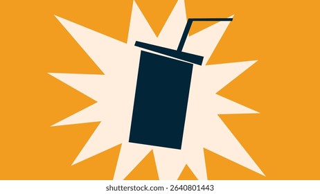 Black soda cup with straw over starburst effect on orange backdrop. Great for beverage promotions, fast food ads, and dynamic branding.