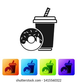 Black Soda drink with drinking straw and donut icon isolated on white background. Fast food symbol. Set icon in color square buttons. Vector Illustration