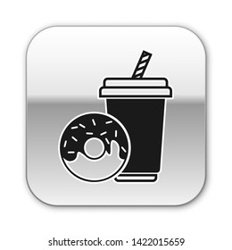 Black Soda drink with drinking straw and donut icon isolated on white background. Fast food symbol. Silver square button. Vector Illustration