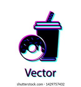 Black Soda drink with drinking straw and donut icon isolated on white background. Fast food symbol. Vector Illustration