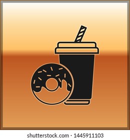 Black Soda drink with drinking straw and donut icon isolated on gold background. Fast food symbol. Vector Illustration