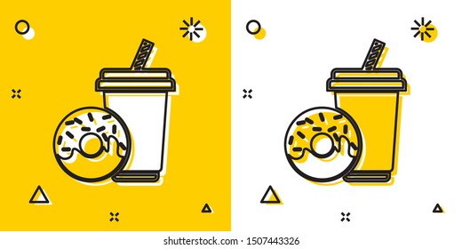 Black Soda drink with drinking straw and donut icon isolated on yellow and white background. Fast food symbol. Random dynamic shapes. Vector Illustration