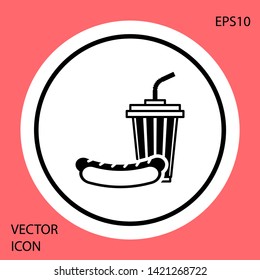 Black Soda and hotdog icon isolated on red background. Fast food symbol. White circle button. Vector Illustration