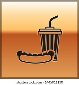 Black Soda and hotdog icon isolated on gold background. Fast food symbol. Vector Illustration