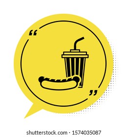 Black Soda and hotdog icon isolated on white background. Fast food symbol. Yellow speech bubble symbol. Vector Illustration