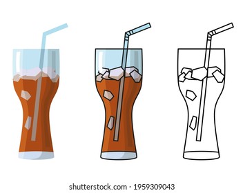 Black soda in transparent glass on white background. Refreshing Fizzy drinks poured in glasses refreshing set vector illustration.Fast food drink symbol.Cartoon style.Ice and cold cola soda soft drink