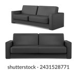 Black sofa 3d with fabric surface. Realistic vector illustration set of couch mockup in front and side angles of view. Living room interior furniture for lounge or business waiting zone design.