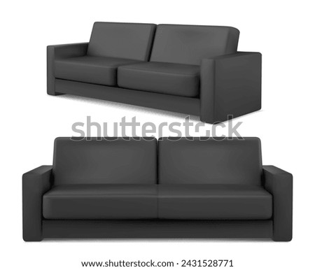 Black sofa 3d with fabric surface. Realistic vector illustration set of couch mockup in front and side angles of view. Living room interior furniture for lounge or business waiting zone design.