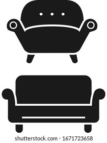 Black sofa chair vector icon. Isolated couch. Black and white furniture.