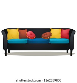 Black sofa with colored soft pillows isolated on white background. Vector cartoon close-up illustration.