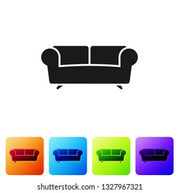 Black Sofa icon isolated on white background. Set icon in color square buttons. Vector Illustration