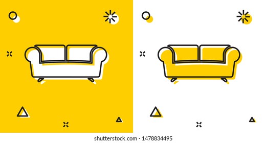 Black Sofa icon isolated on yellow and white background. Random dynamic shapes. Vector Illustration
