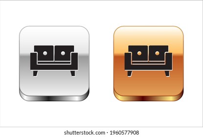 Black Sofa icon isolated on white background. Silver and gold square buttons. Vector