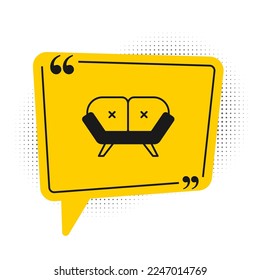 Black Sofa icon isolated on white background. Yellow speech bubble symbol. Vector