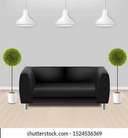Schwarzes Sofa mit Lams auf grauem Hintergrund mit Farbverlauf-Mesh, Vektorgrafik