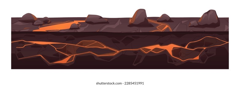 Black soil, magma with hot lava flows, cross section. Seamless underground border. Cutaway under ground subterranean level, land layer. Geology flat vector illustration isolated on white background