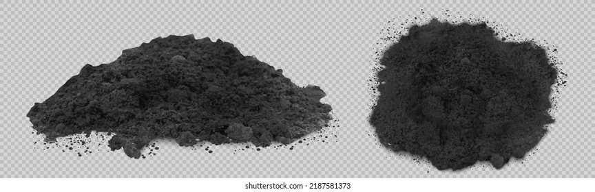Black soil pile, dirt or humus mound in front and top view isolated on transparent background. Vector realistic illustration of heaps of organic ground, topsoil or peat