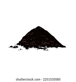 Black soil pile, dirt or humus mound in front view isolated on white background. Flat vector realistic illustration of heaps of organic ground, topsoil or peat