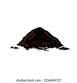 Black soil pile, dirt or humus mound in front view isolated on white background. Flat vector realistic illustration of heaps of organic ground, topsoil or peat