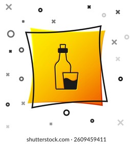 Black Soju bottle icon isolated on white background. Korean rice vodka. Yellow square button. Vector