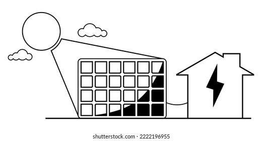 Black solar cell or solar panel grid module with sun energy power generate electricity environmentally friendly clean energy on white background outline flat vector icon design.