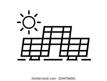 Black solar cell or solar panel grid module sun energy power generate electricity environmentally friendly clean energy outline drawing flat vector icon design.