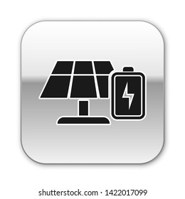 Black Solar energy panel and battery icon isolated on white background. Silver square button. Vector Illustration