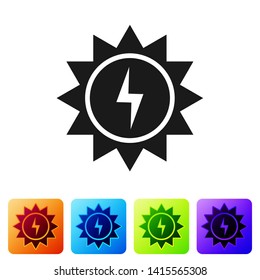 Black Solar energy panel icon isolated on white background. Sun with lightning symbol. Set icon in color square buttons. Vector Illustration