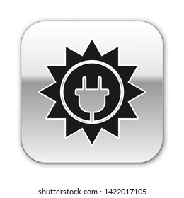 Black Solar energy panel icon isolated on white background. Sun and electric plug. Silver square button. Vector Illustration