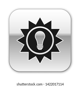 Black Solar energy panel icon isolated on white background. Sun and light bulb. Silver square button. Vector Illustration