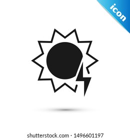 Black Solar energy panel icon isolated on white background. Sun with lightning symbol.  Vector Illustration