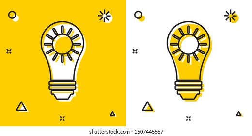 Black Solar energy panel icon isolated on yellow and white background. Sun and light bulb. Random dynamic shapes. Vector Illustration
