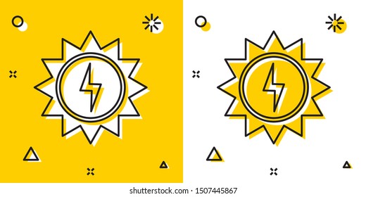 Black Solar energy panel icon isolated on yellow and white background. Sun with lightning symbol. Random dynamic shapes. Vector Illustration