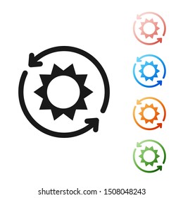 Black Solar energy panel icon isolated on white background. Sun with lightning symbol. Set icons colorful. Vector Illustration