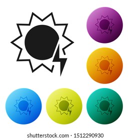 Black Solar energy panel icon isolated on white background. Sun with lightning symbol. Set icons colorful circle buttons. Vector Illustration