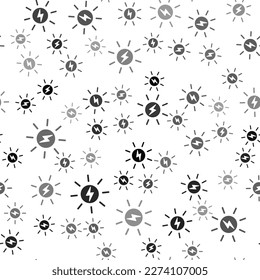 Schwarzes Solarpaneel-Symbol einzeln auf weißem Hintergrund. Sonne mit Blitzsymbol.  Vektorgrafik