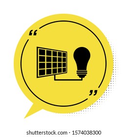 Black Solar energy panel and light bulb icon isolated on white background. Yellow speech bubble symbol. Vector Illustration
