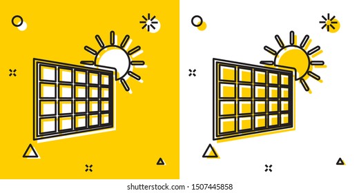 Black Solar energy panel and sun icon isolated on yellow and white background. Random dynamic shapes. Vector Illustration