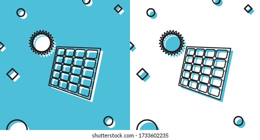 Black Solar energy panel and sun icon isolated on blue and white background. Random dynamic shapes. Vector Illustration