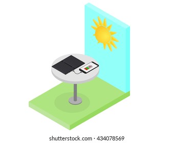 Black Solar panel. Flat isometric. Modern alternative energy. The phone is charging from the sun. Ecological energy. Isometric Sunny landscape. Vector illustration.