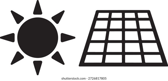 Panel solar negro y símbolo del sol de energía renovable en blanco y negro