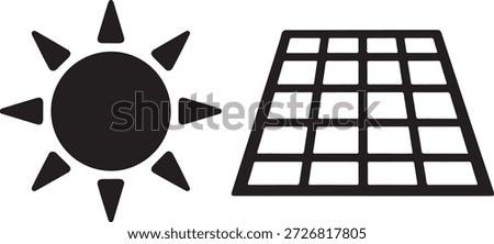 Black solar panel and sun symbol renewable energy black and white
