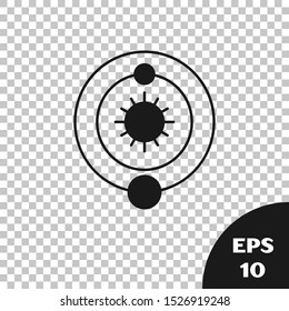 Black Solar system icon isolated on transparent background. The planets revolve around the star.  Vector Illustration